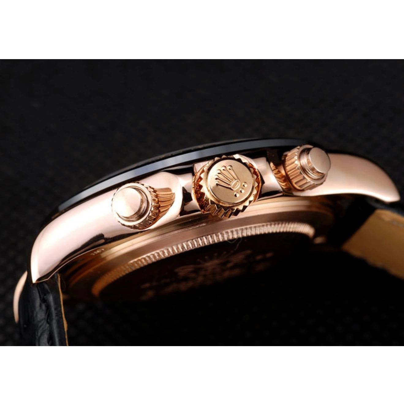 AAA Replica Watches Dial Daytona Black Gold Black Case Leather Rose Strap Rolex 0817